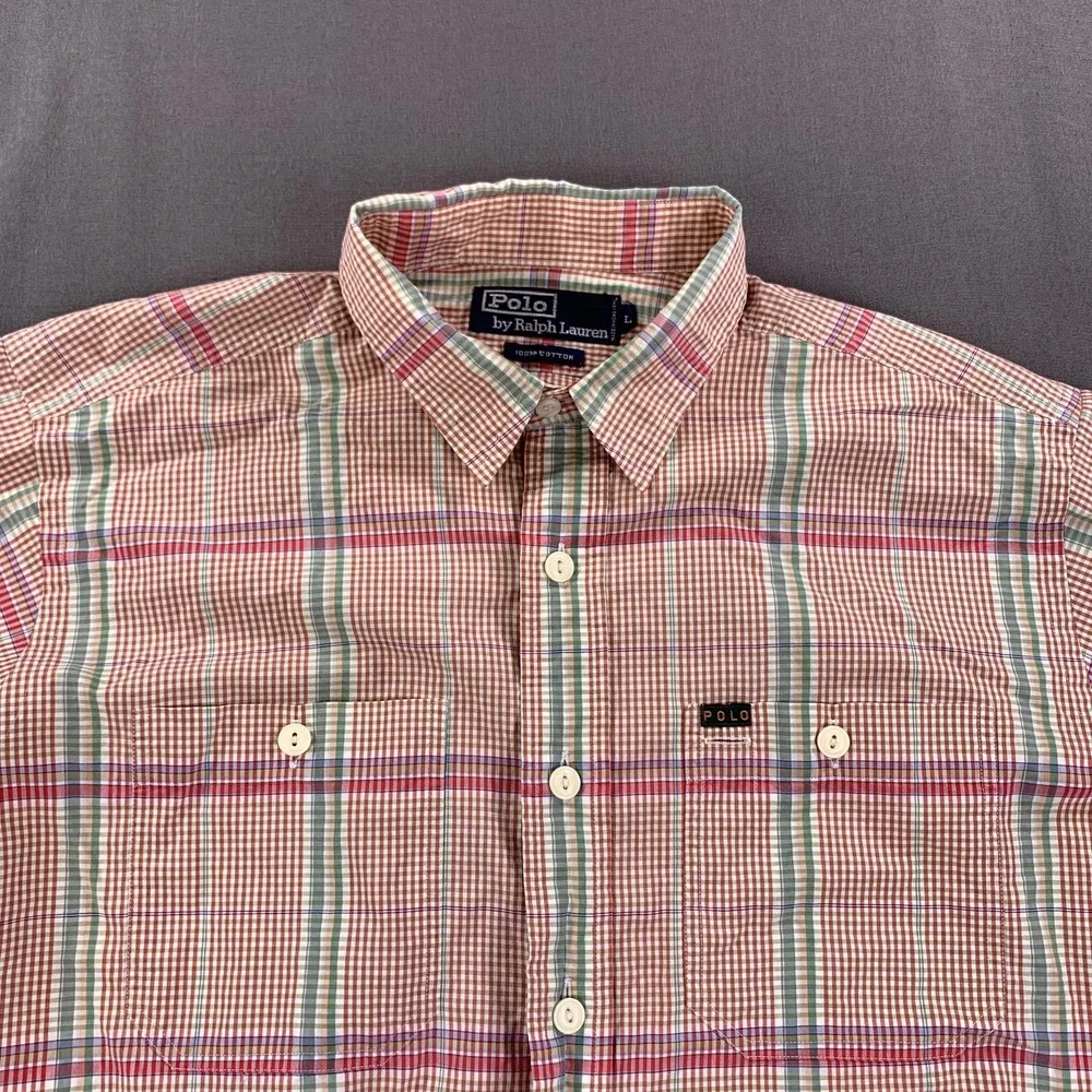 VTG Polo Ralph Lauren Shirt Men LG Pink Madras Plaid Button Down Long Sleeve 90s